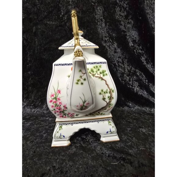 Franklin Mint Birds & Flowers Orient Teapot Square Ceramic Stand Gold Accents - Picture 5 of 10